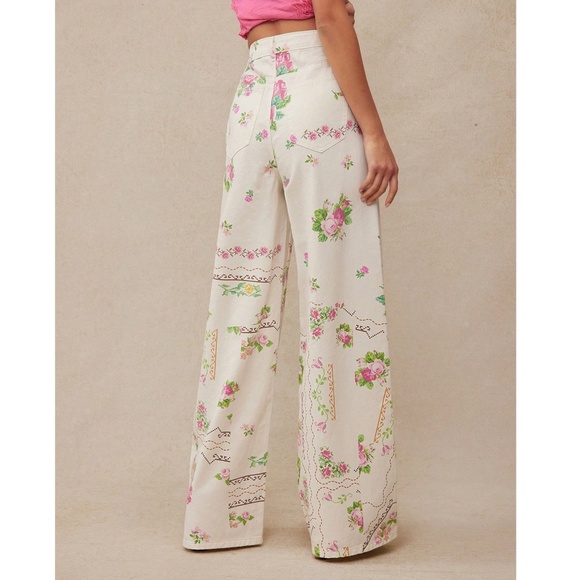 Boho Floral Print Cottage Core Straight leg Denim Jeans - Picture 2 of 5